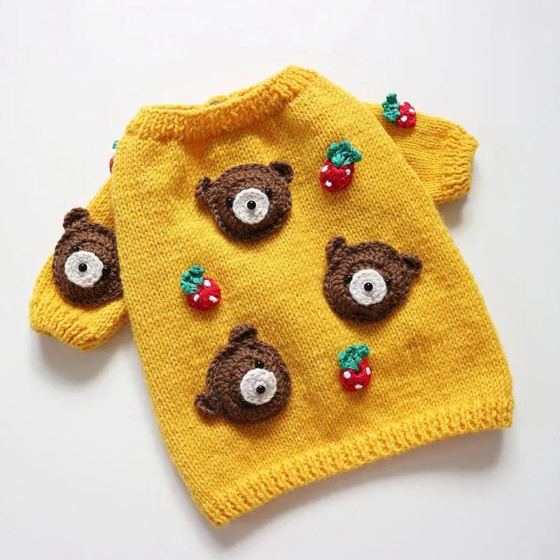 Short polyester pet sweater in snowman, brown bear, rabbit, pink chick, blue chick, and yellow cotton-padded jacket with hat, sizes XS to XL