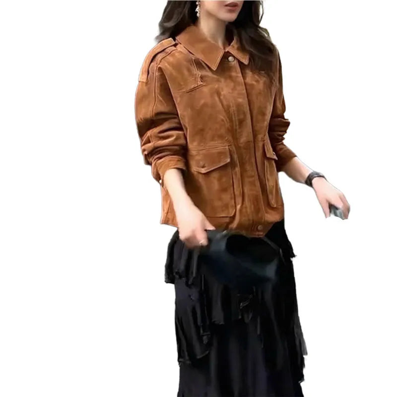 Women's brown suede coat with regular sleeves in street chic style