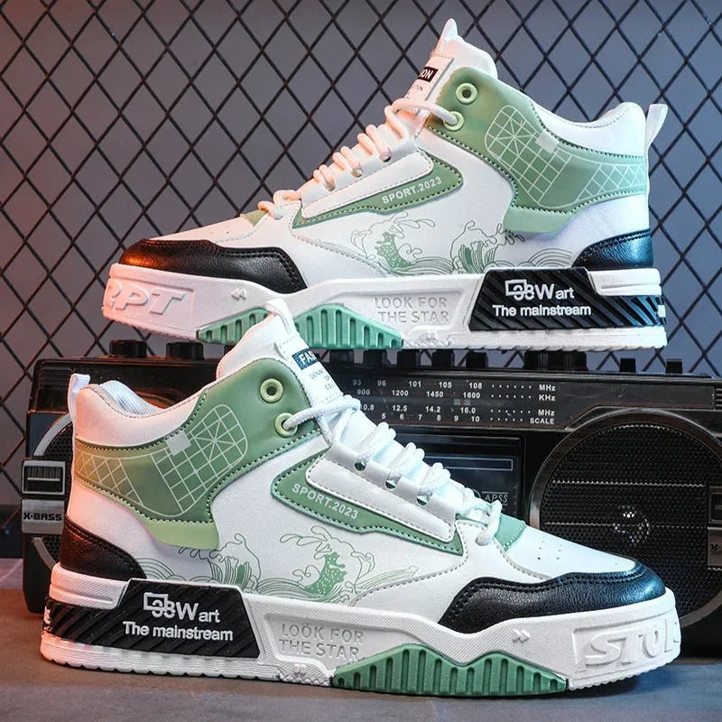 Men's beige, white, and blue high-top lace-up board sneakers on a white background.