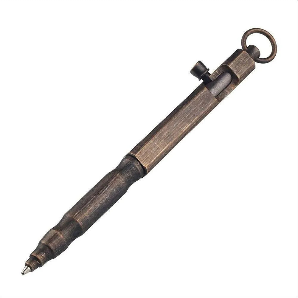 Brass hexagonal tactical pen with bolt design in brass natural colour finish