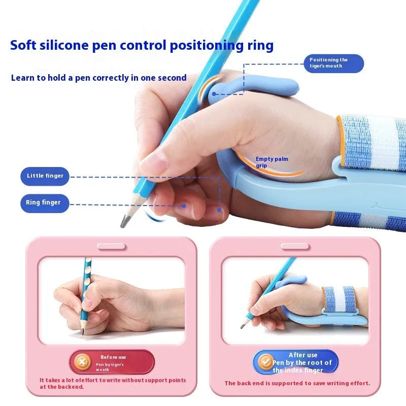Blue anti-hook pen control corrector wrist brace for children's handwriting practice on a desk.
