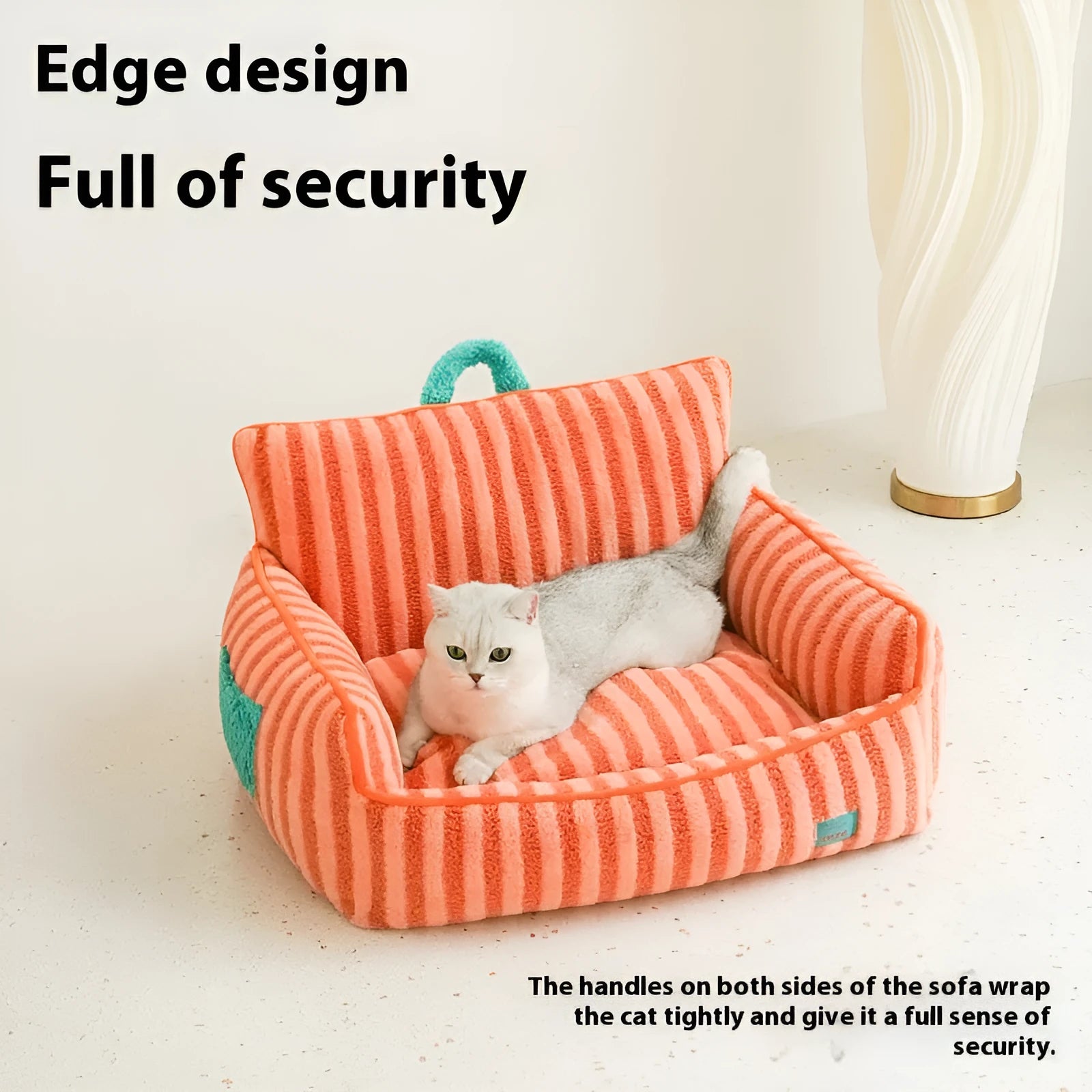 Striped orange plush fabric dog bed with a removable cover on a wooden floor.