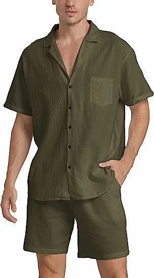 Men's flax summer sports shorts suit in army green with short-sleeved top