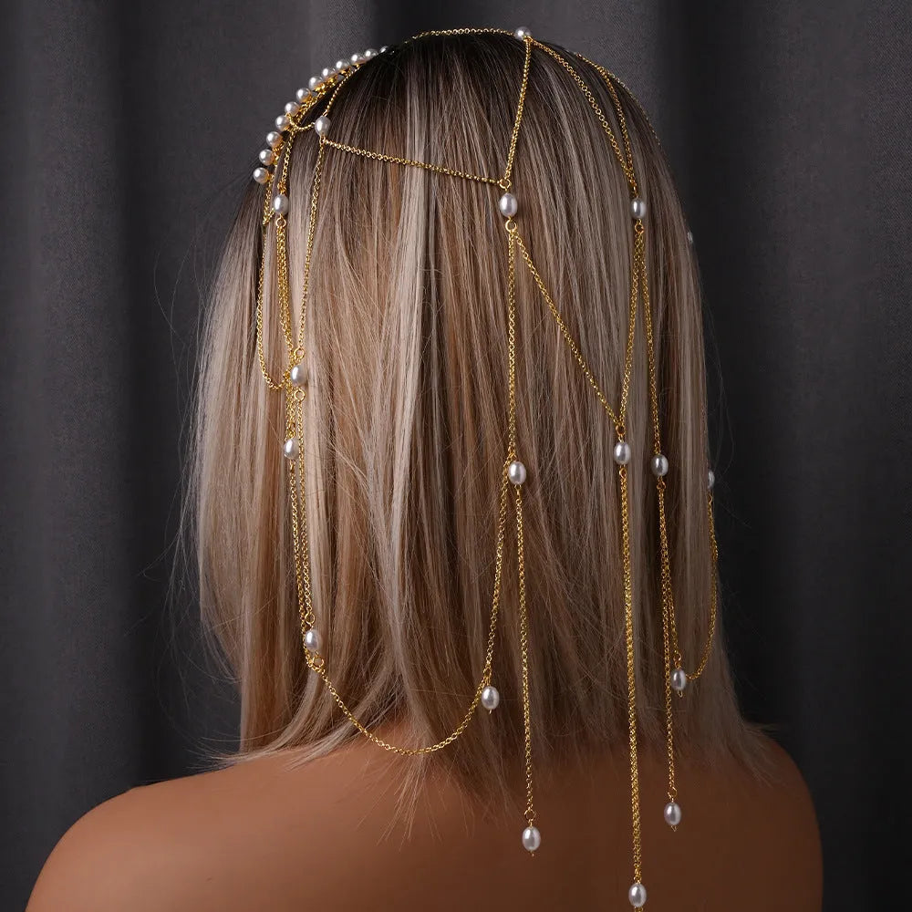 Gold or silver mesh tassel hair chain for women with electroplated pearl construction