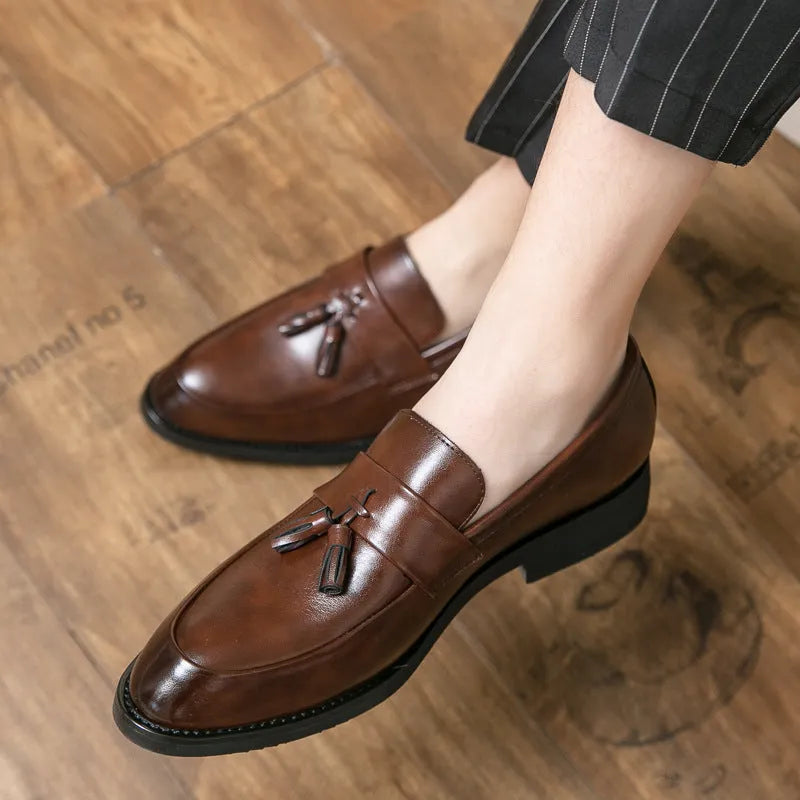 Men's black and brown tassel loafers slip-on business casual shoes with pointed toe and rubber sole