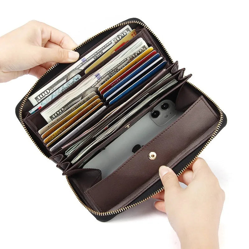 Genuine leather women's wallet in various colours showing high capacity design with anti-theft card protection