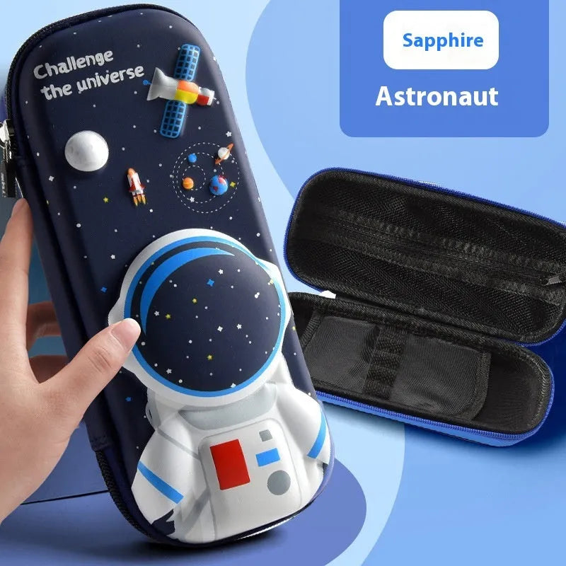 3D leather pencil case showing embossed astronaut and dinosaur design options.