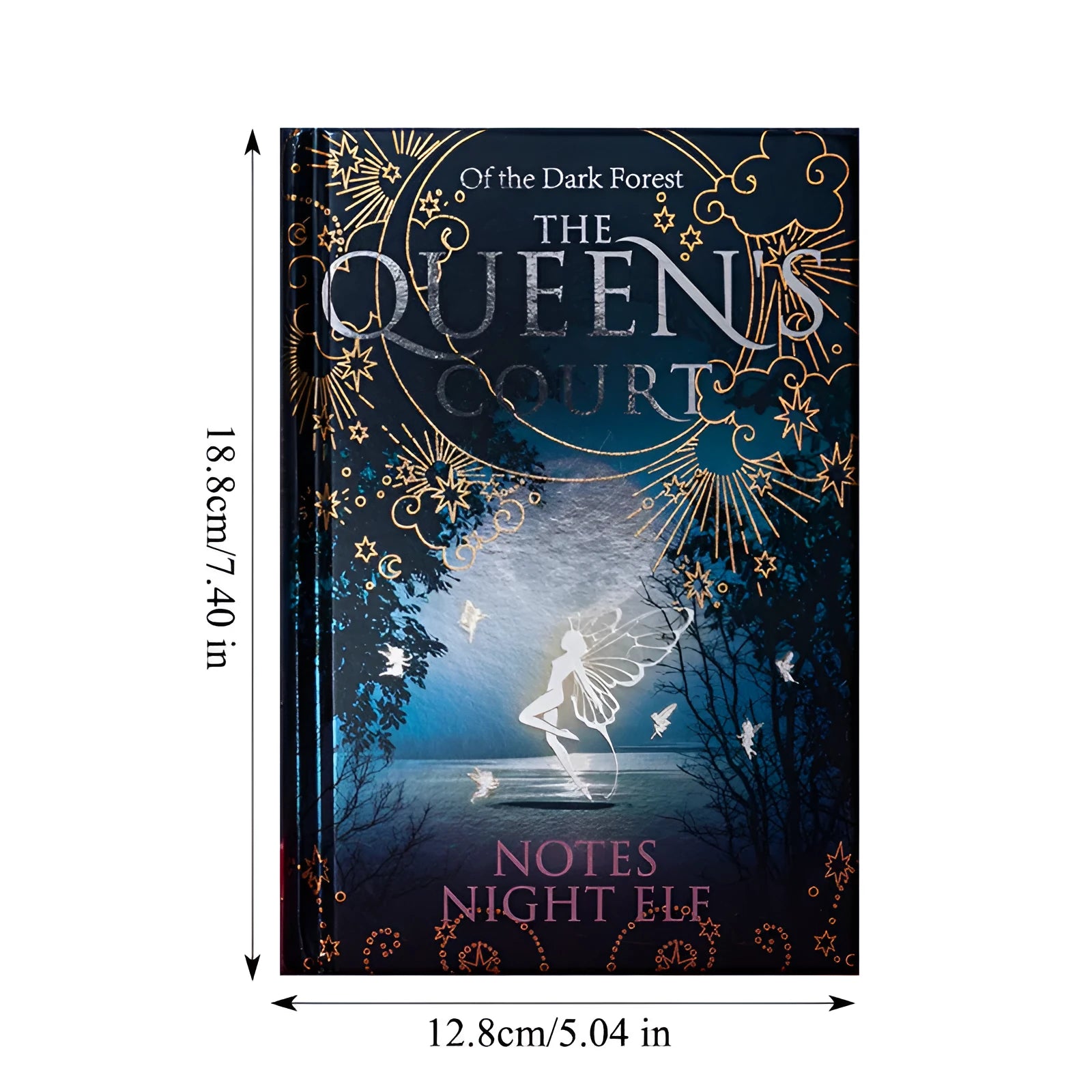 Blue A5 hardcover luminous notebook with retro night elves illustrations open to show full-colour interior pages