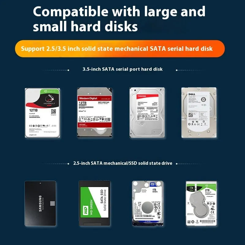 3.5 inch USB 3.0 SATA hard disk box with power supply and cable for 14TB drives in black silver colour