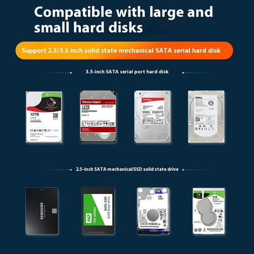 3.5 inch USB 3.0 SATA hard disk box with power supply and cable for 14TB drives in black silver colour