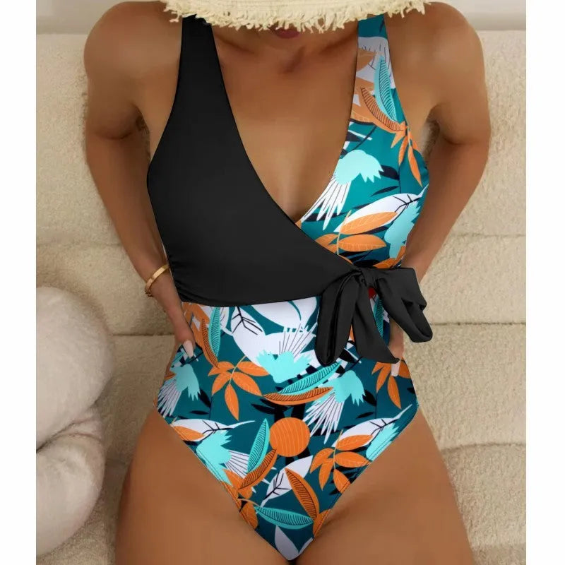 Women's high-waist one-piece swimsuit with printed pattern in polyester and nylon fabric