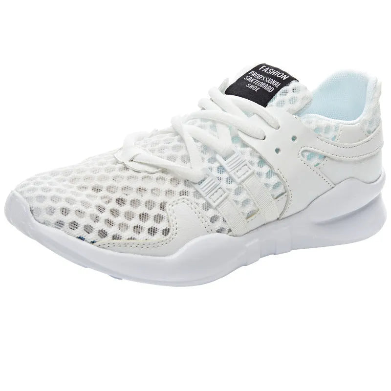 Women's low-top white mesh sneakers with hollow breathable design and casual round toe