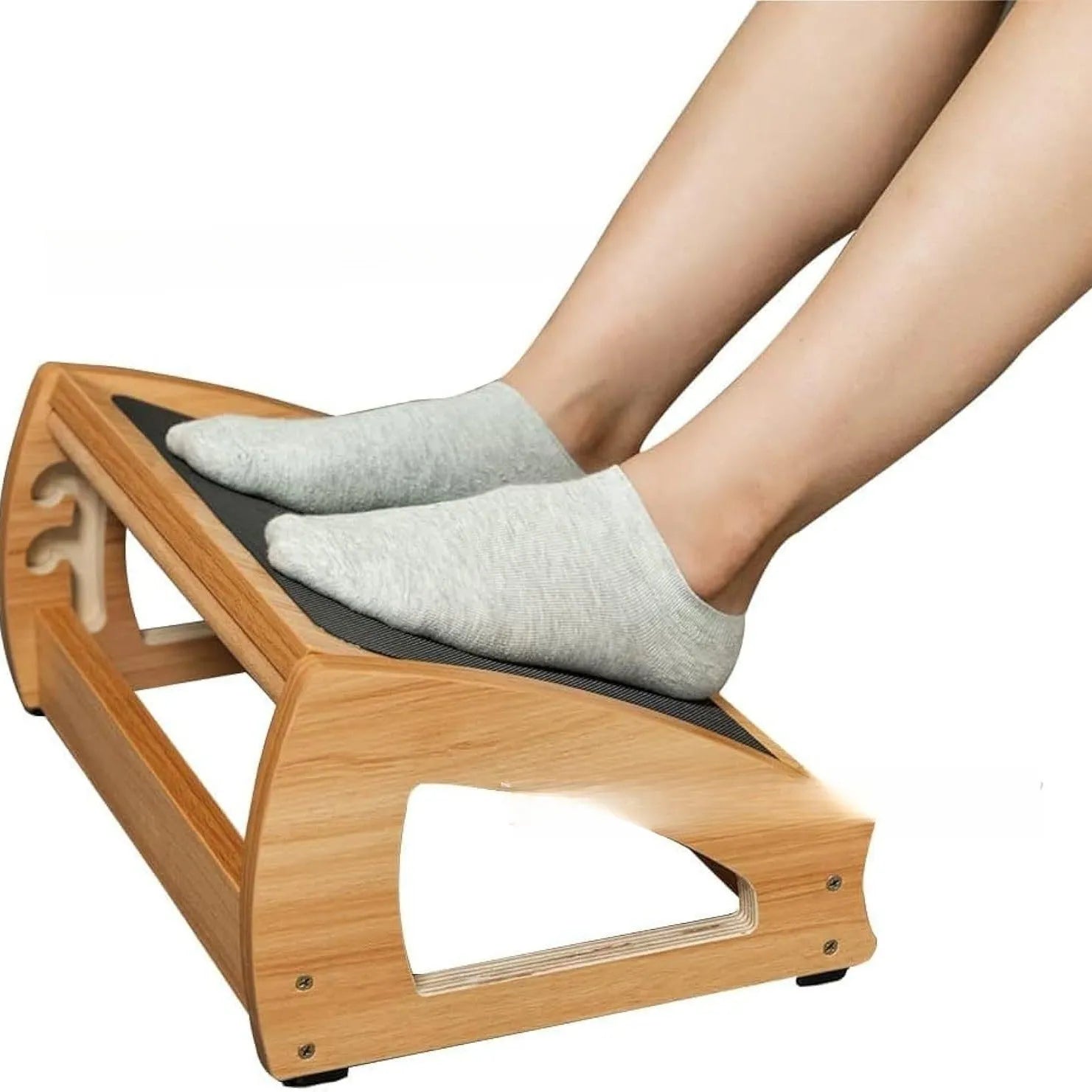 Wooden adjustable bamboo office desk footstool in natural wood colour, modern simplicity style.