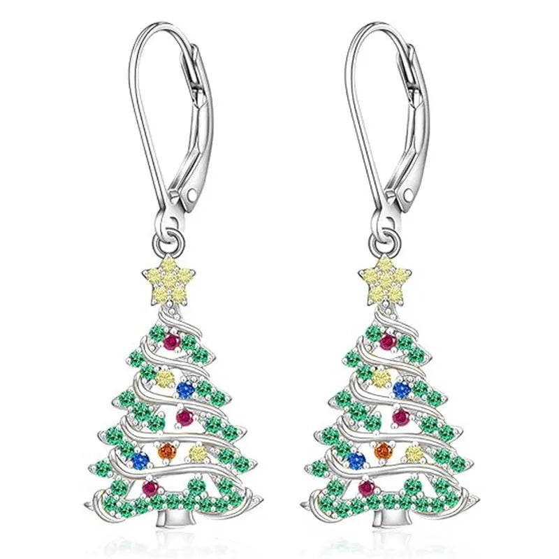Christmas tree design earrings with star elements in white gold colour for women