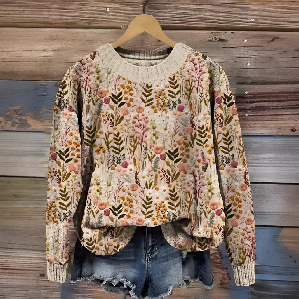 Little Flower digital printed round neck sweater with floral pattern in polyester fibre