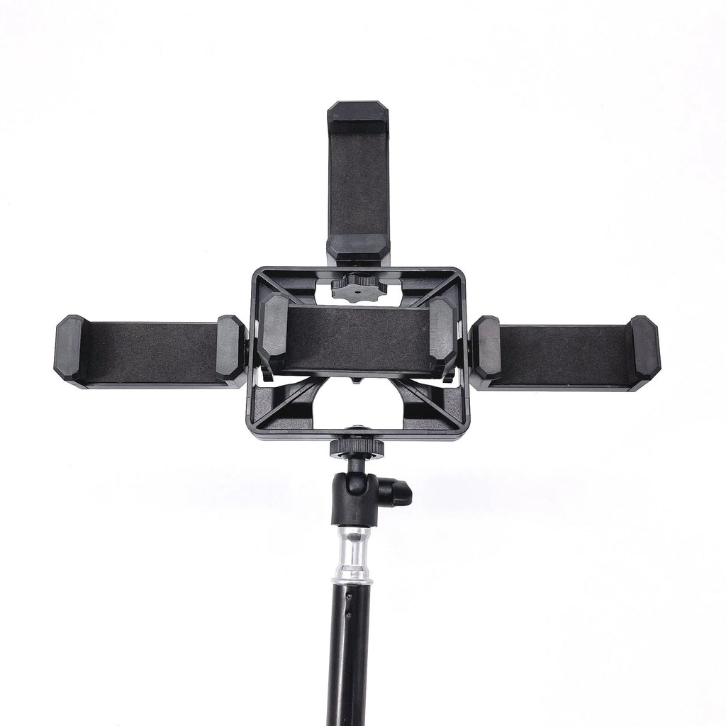 Black retractable mobile phone tripod with 1.1m, 1.6m, and 2.1m heights, metal ABS nylon build, 7kg load.