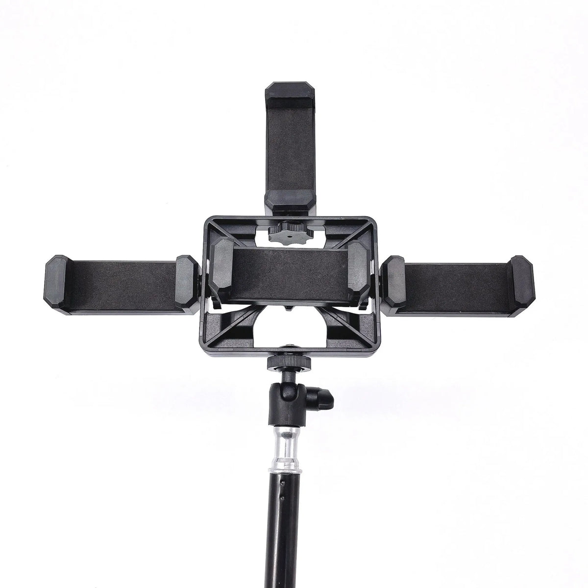 Black retractable mobile phone tripod with 1.1m, 1.6m, and 2.1m heights, metal ABS nylon build, 7kg load.