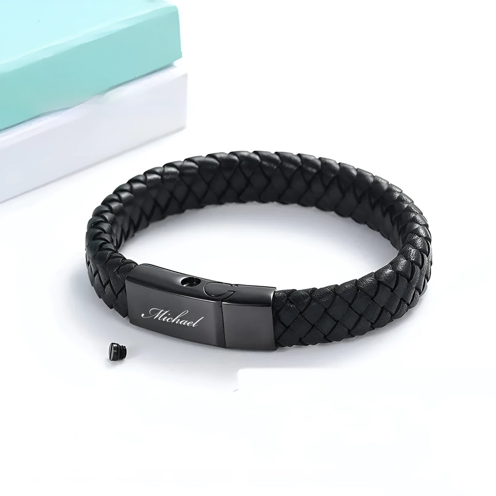 Black leather and stainless steel cinerary bracelet with weaving construction for travel commemoration