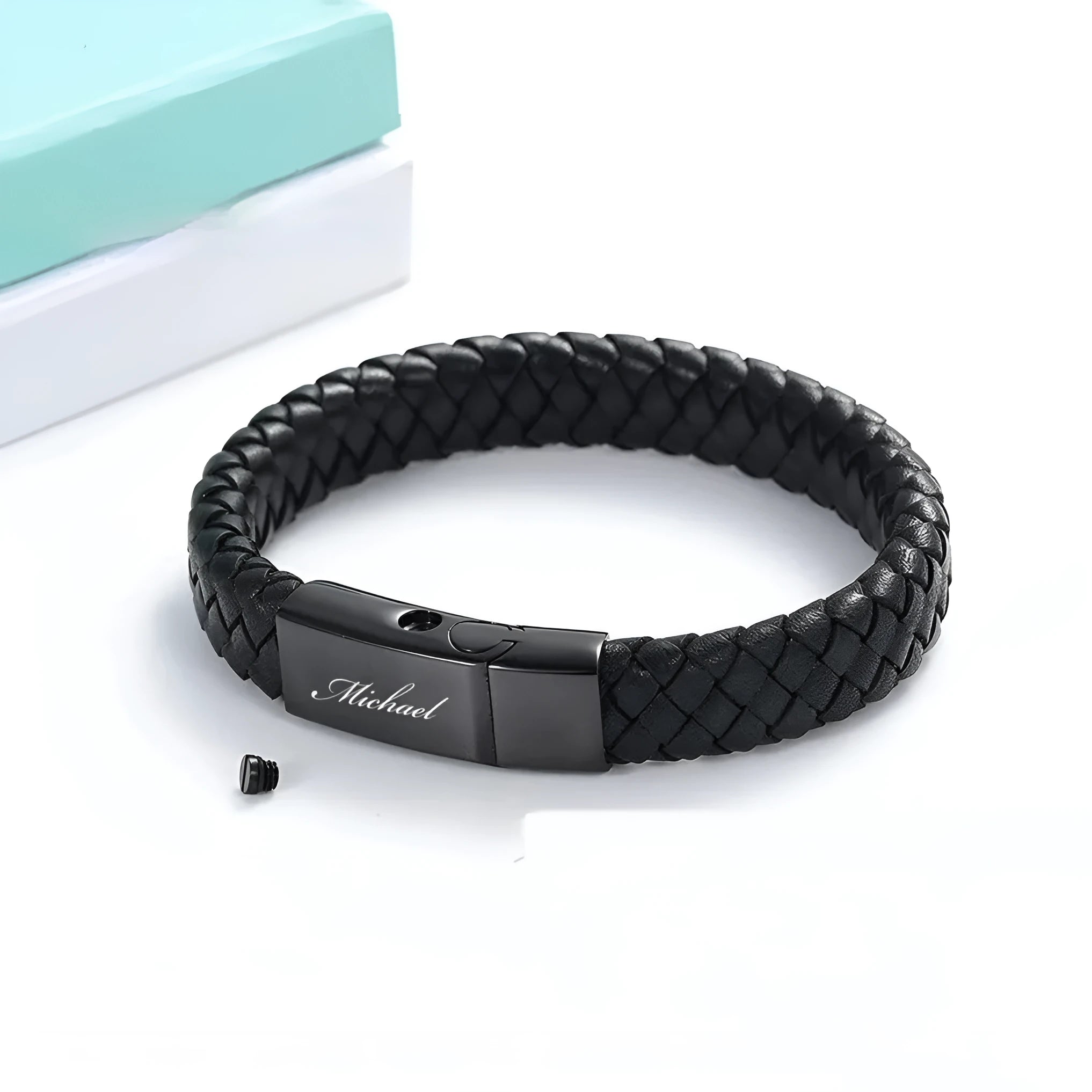 Black leather and stainless steel cinerary bracelet with weaving construction for travel commemoration