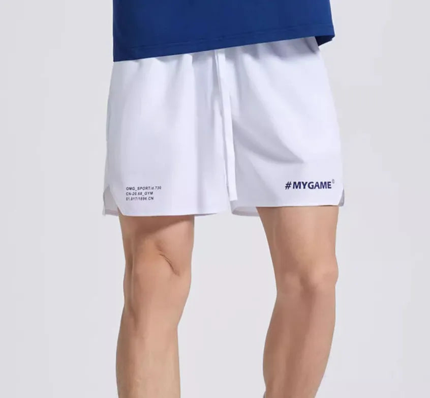 Men's fitness training shorts in blue, black, grey, or white made from polyester and spandex fabric.