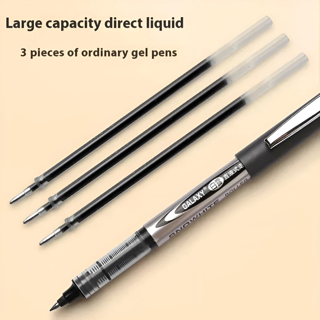 A box containing 12 plastic quick-drying signature pens with 0.5mm tips in black, blue, red, and ink blue.