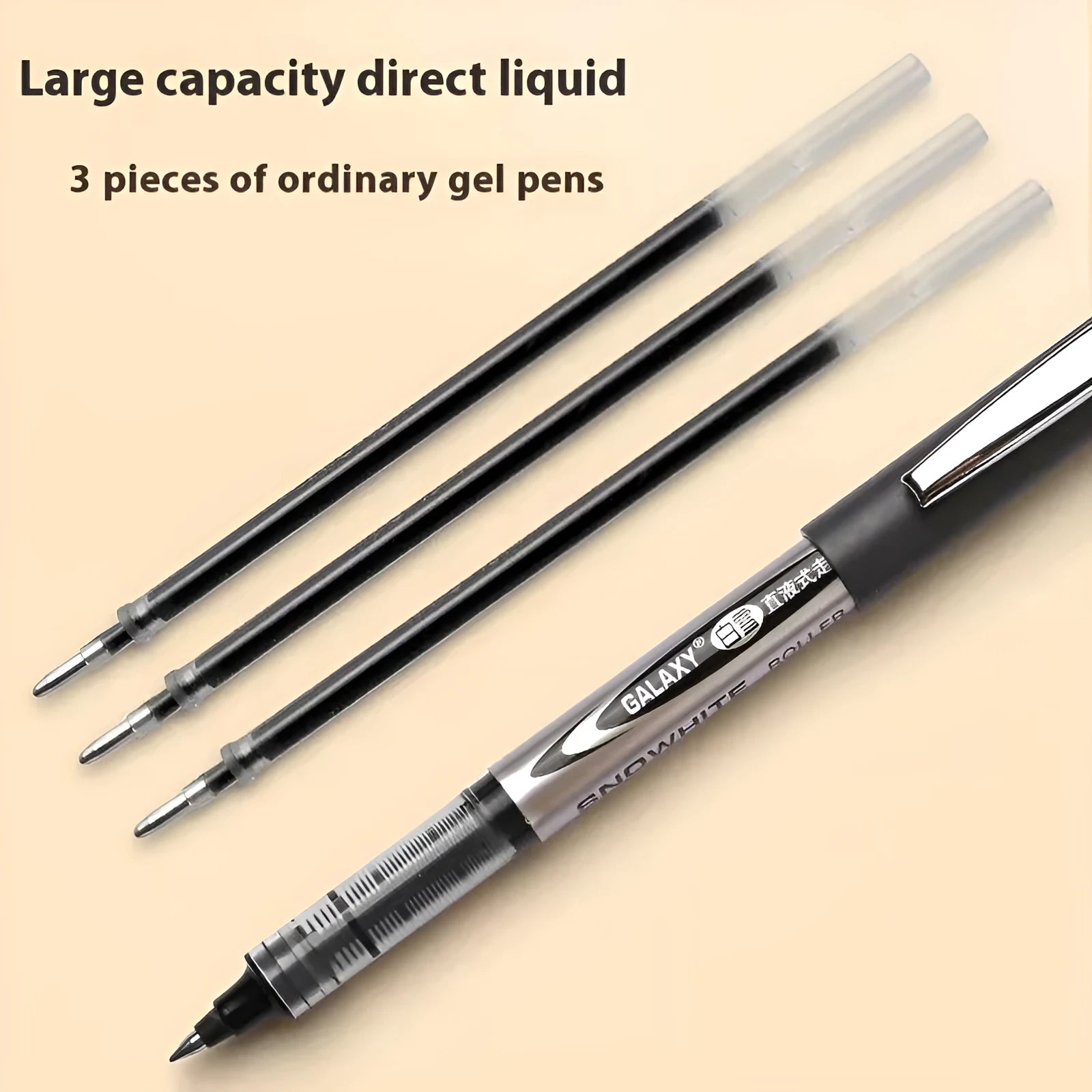 A box containing 12 plastic quick-drying signature pens with 0.5mm tips in black, blue, red, and ink blue.