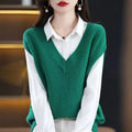 Creamy-white sleeveless knitted vest with a 3D raised pattern, V-neck, and pullover design.