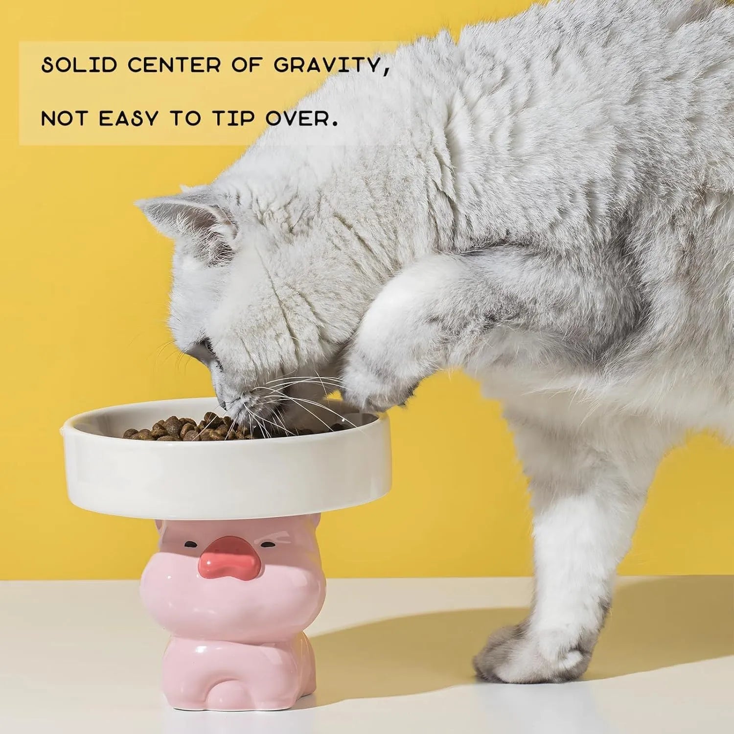 Raised ceramic pet bowl with animal design for cats and small dogs
