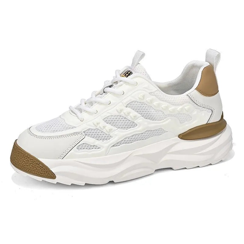 Men's solid colour breathable mesh sports shoes with round toe in white or black.