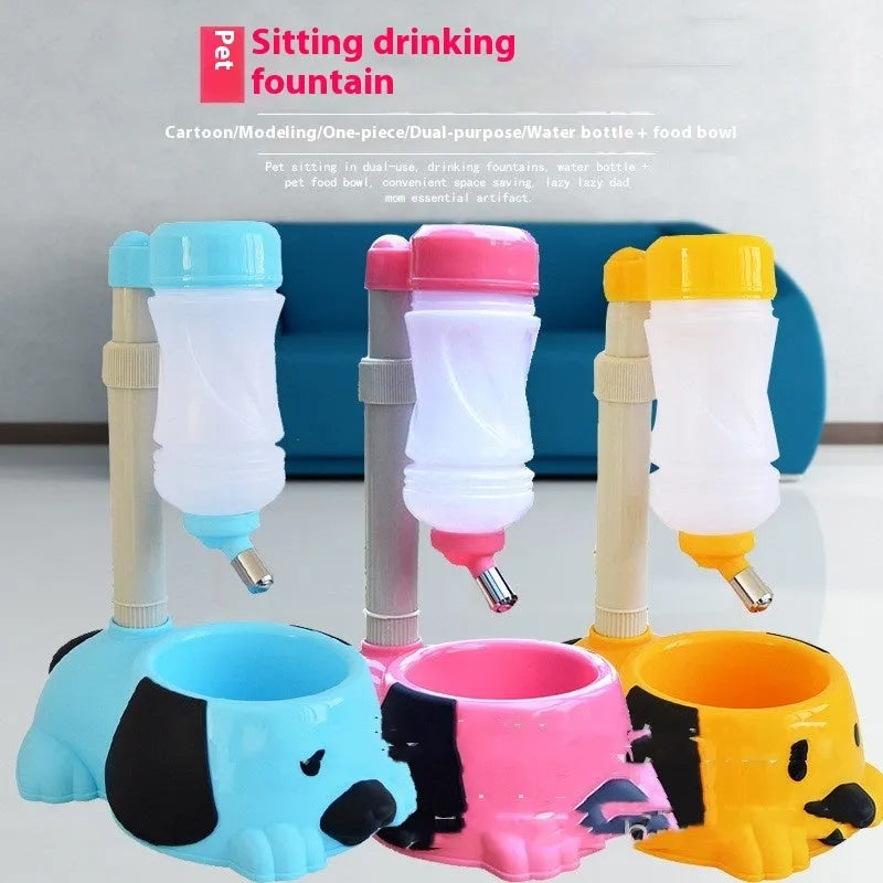 Adjustable plastic pet drinking bowl with rod lift mechanism in pink, blue, or yellow colours