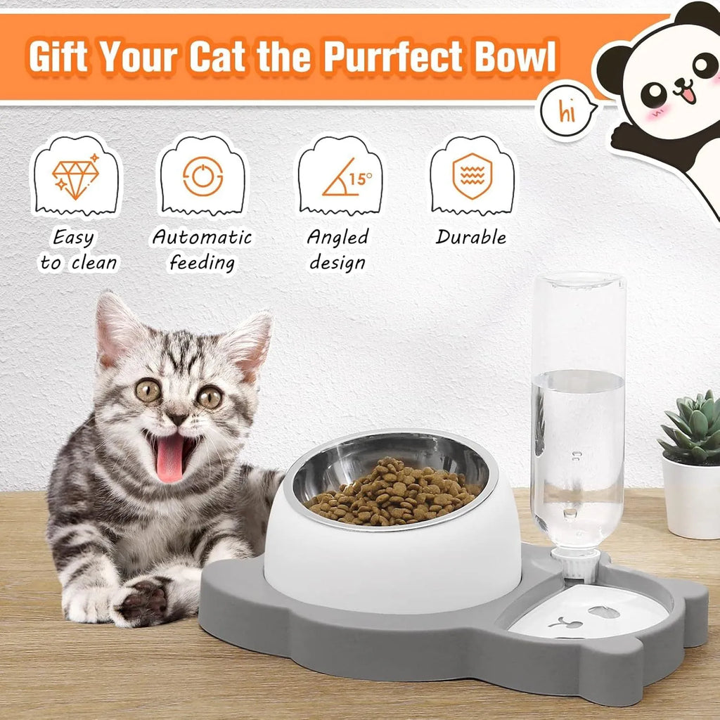 Grey elevated pet bowl set with tilted stainless steel bowls and automatic water bottle