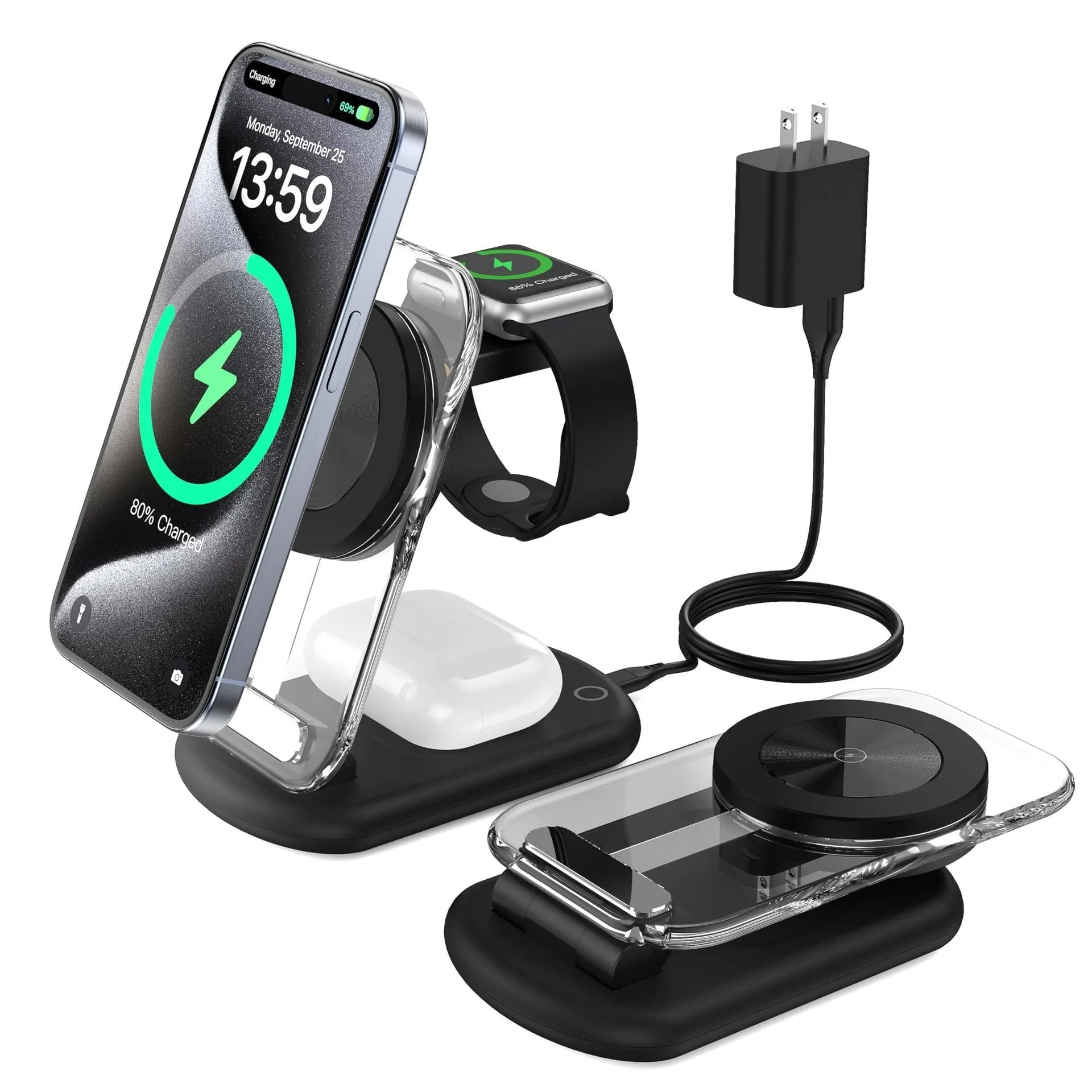 Transparent folding magnetic three-in-one wireless charger in black or white with QC3.0 fast charging