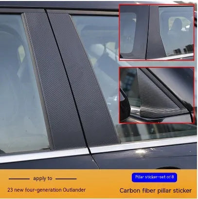 23 New Outlander car window pillar protective vinyl decals in bright black and carbon fibre pattern.