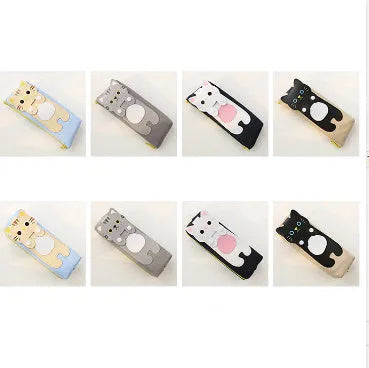 Cat cartoon canvas pencil case, square zipper pouch, 20x8cm, in blue beige grey or black