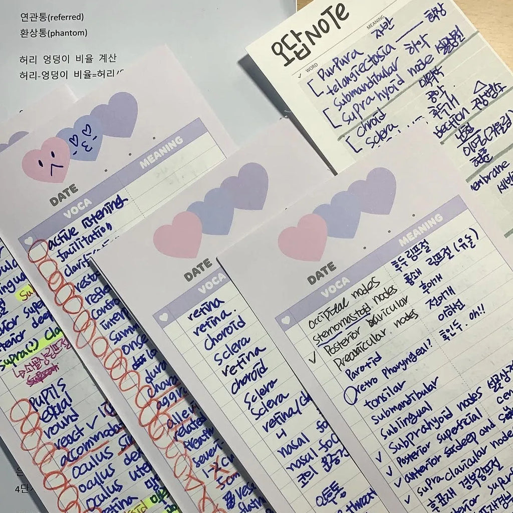 Vertical format English learning notepad with B5 half-size pages in choice of pink, purple or blue covers