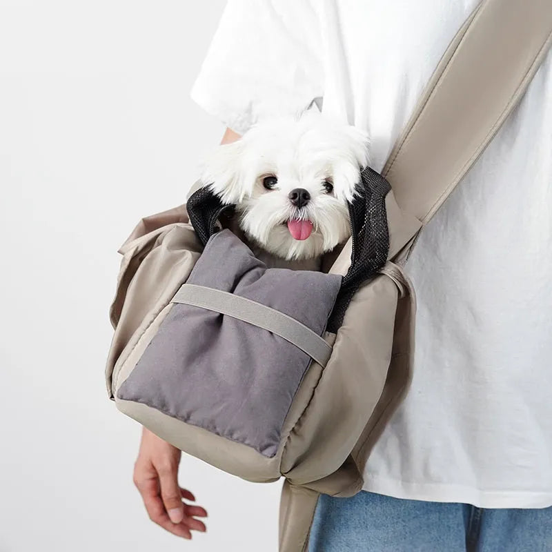 Apricot cloth pet handbag carrier for small dogs and cats with dimensions 41x16x28cm