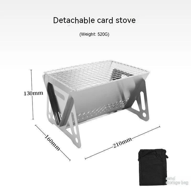 Folding stainless steel barbecue oven with large grill plate and storage bag.