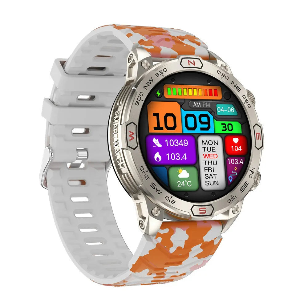 Sports smart watch with AMOLED screen on silicone strap showing fitness metrics