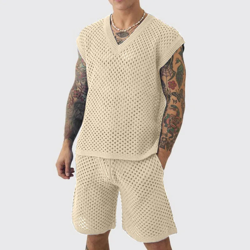 Men's blue V-neck sleeveless vest and matching shorts sports outfit on a hanger.