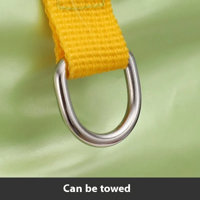 Green waterproof cotton-padded dog coat with four-legged coverage on a large dog.