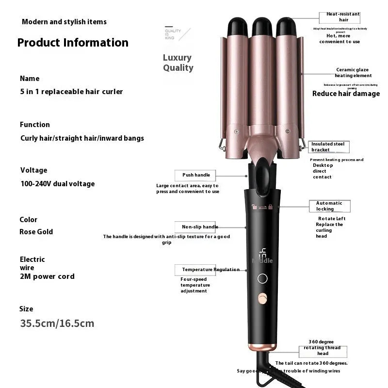 Rose gold multifunction hair curler with five tube attachments and LCD display screen
