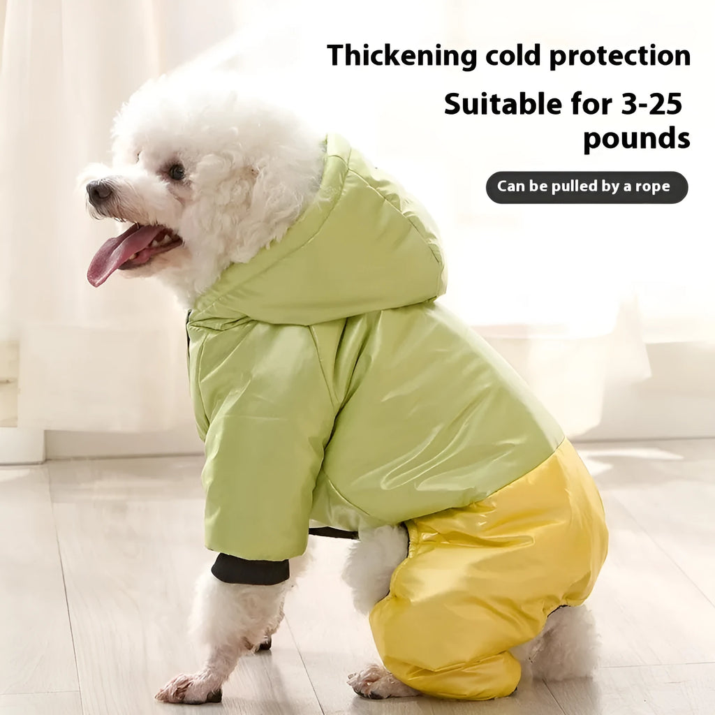 Green waterproof cotton-padded dog coat with four-legged coverage on a large dog.