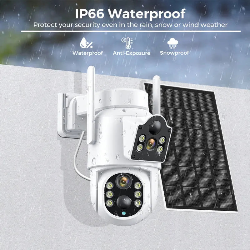 Outdoor solar-powered wireless WiFi security camera with solar panel on white background