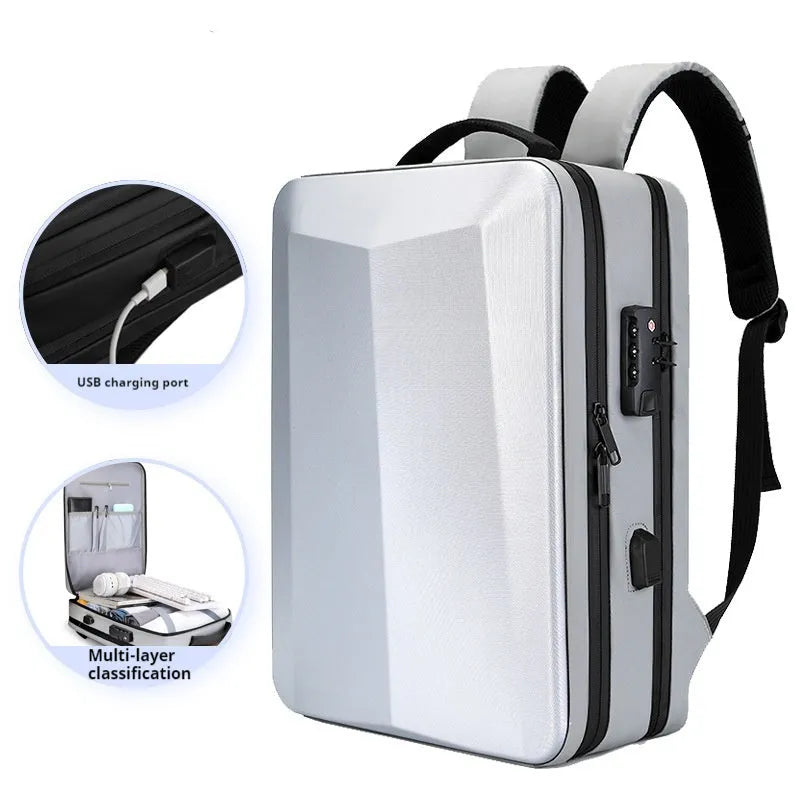 Men's waterproof business backpack in black or silver white with curved shoulder straps and street trend styling
