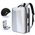 Men's waterproof business backpack in black or silver white with curved shoulder straps and street trend styling