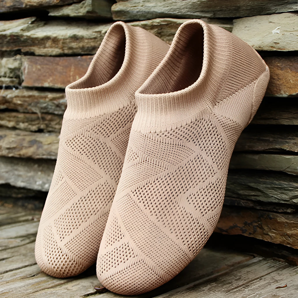 Camel coloured Latin dance shoes with cotton mesh upper and solid colour design.