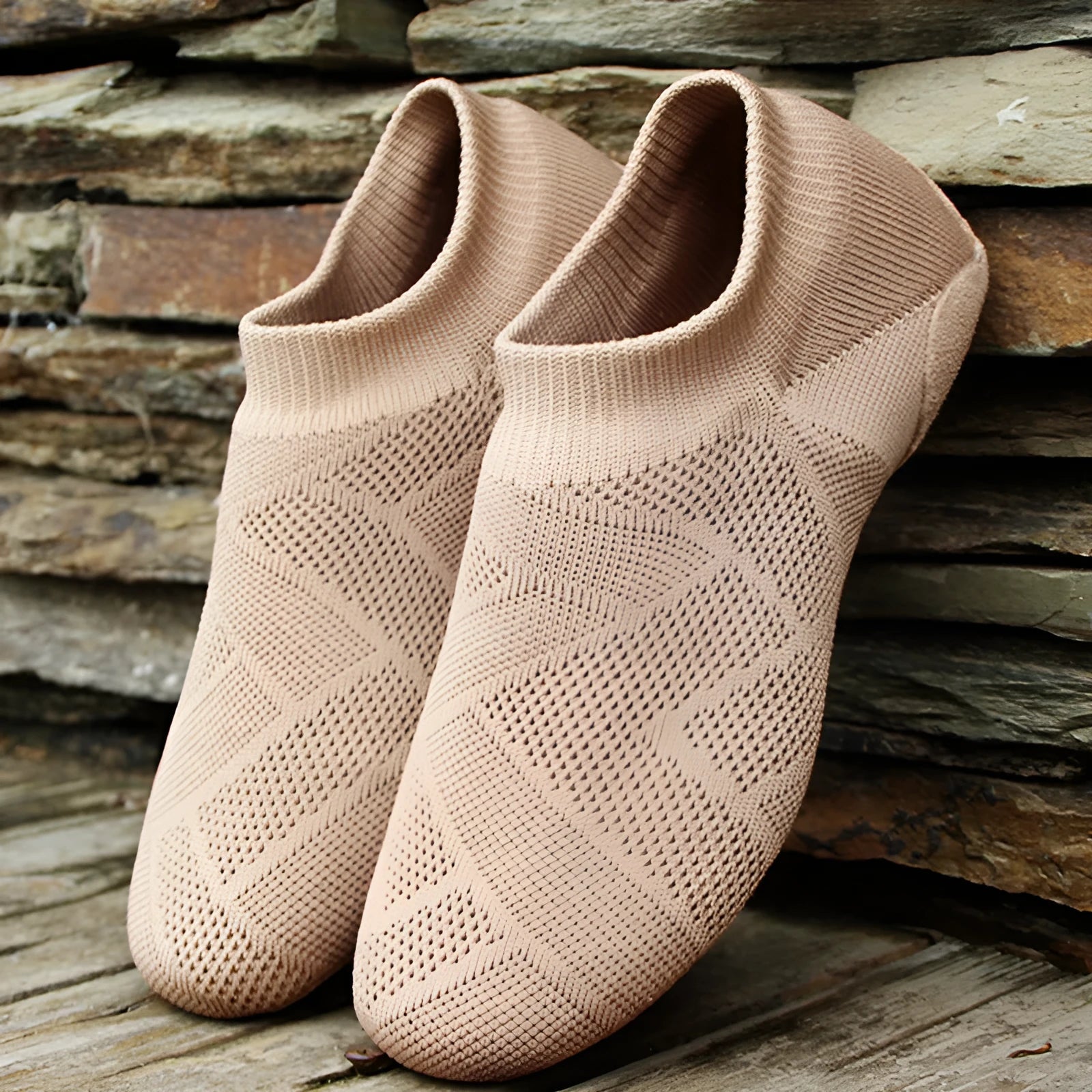 Camel coloured Latin dance shoes with cotton mesh upper and solid colour design.