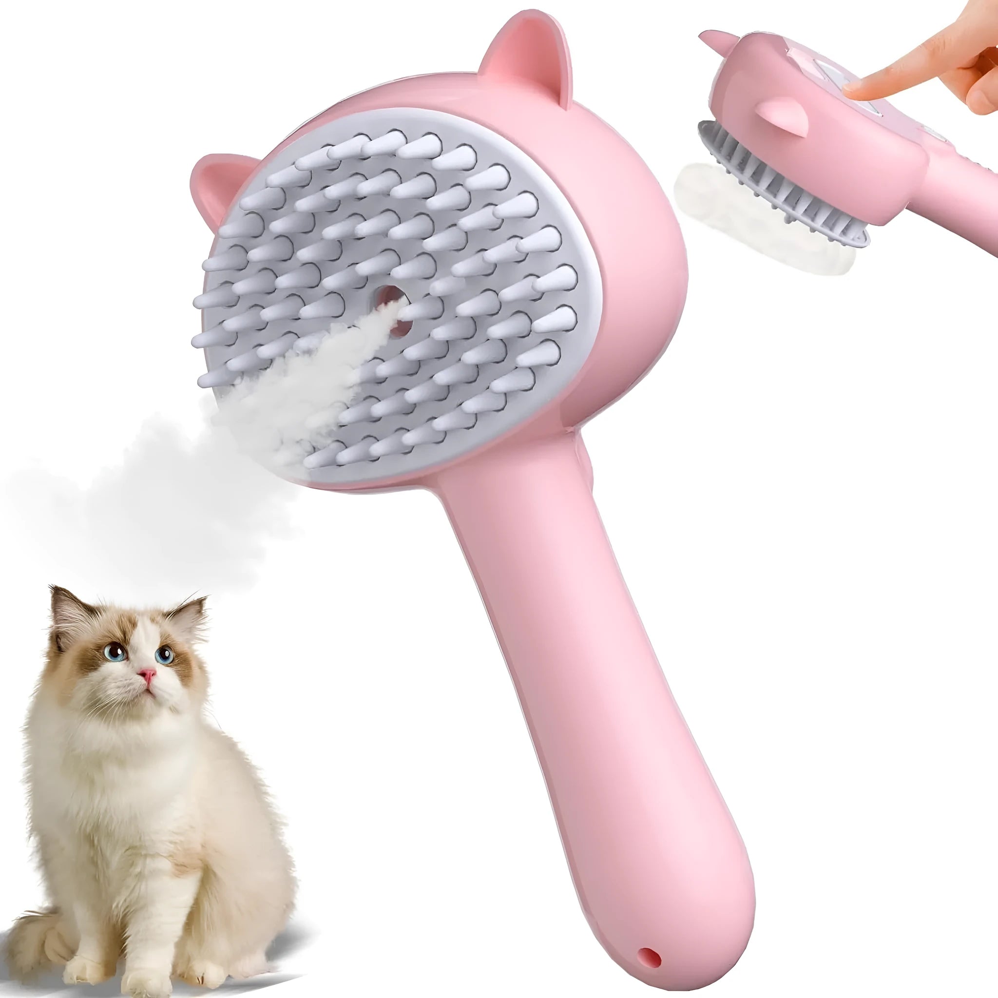 Blue cat steam brush with ergonomic handle and soft rubber bristles for pet grooming