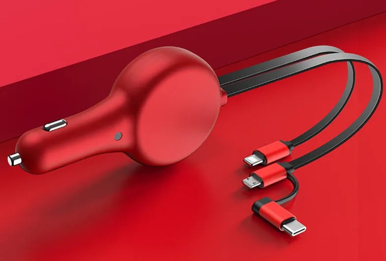 Retractable car charger with extended cables showing three charging heads in black or red colour