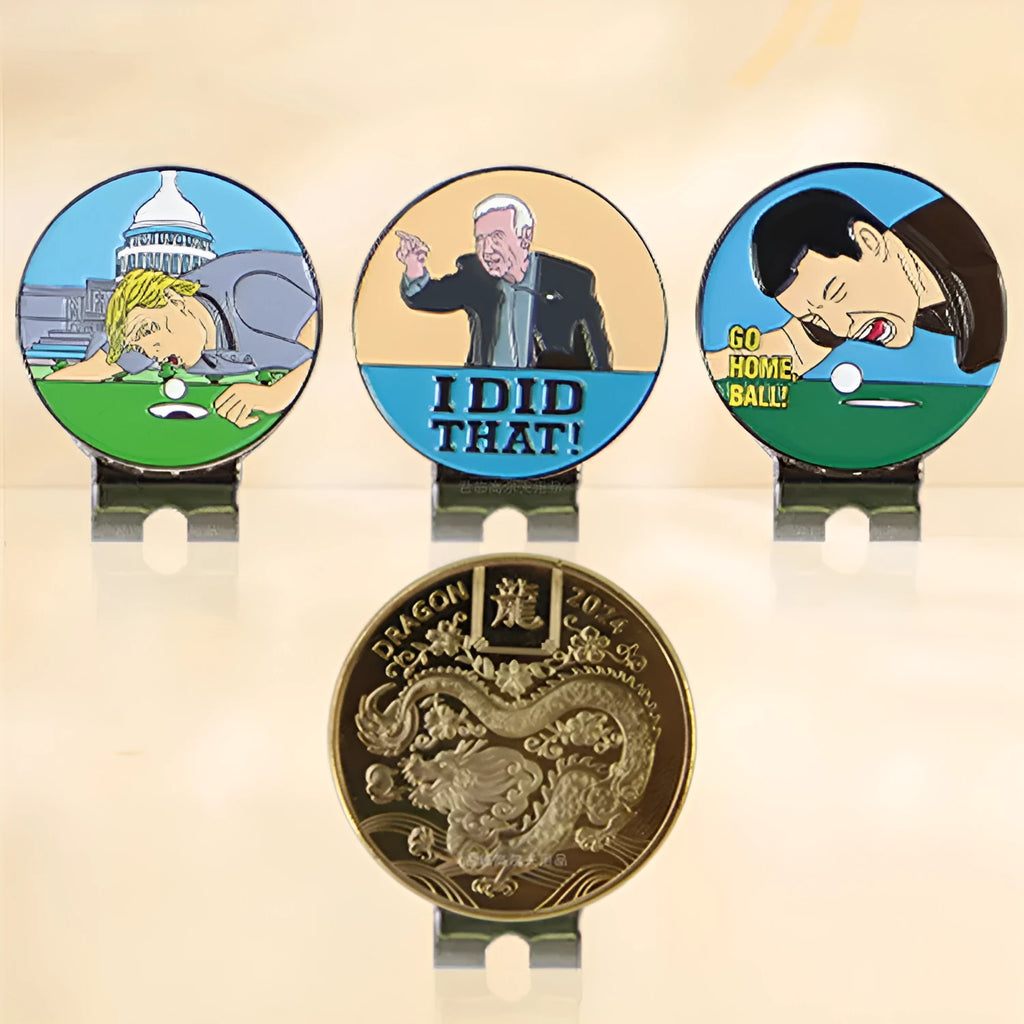 Zinc alloy hat clip showing Dragon Year, ace lick ball, IDID, and black hair blowing machine personalised pattern options.